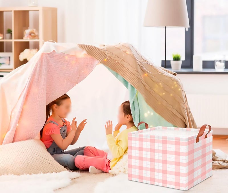 CLOCOR Rectangular Storage Basket,Collapsible Cute Pattern Storage Bin,Waterproof Books Box with Handles,Gift Basket(Pink Grid) - Image 3